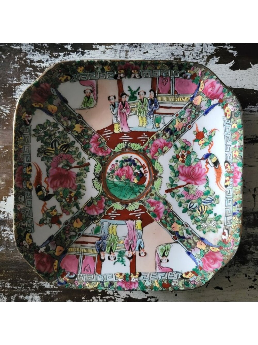 Vintage Chinese Rose Medallion Porcelain Plate Grandmillennial Chinoiserie Heavy